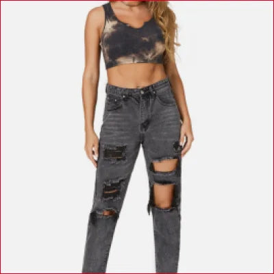 Distressed dark grey straight leg jeans with rips and a crotch zipper for street style