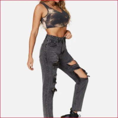 Distressed dark grey straight leg jeans with large thigh rips and crotch zipper