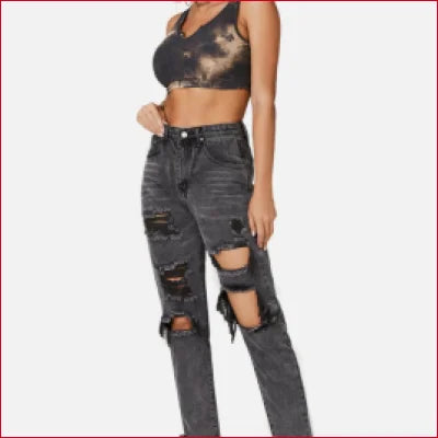 Distressed dark grey straight leg jeans with rips and crotch zipper for a sleek street look