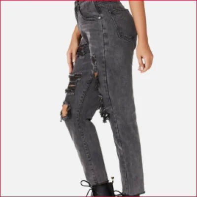 Dark Grey Destroyed Straight Leg Jeans with rips, tears, and a crotch zipper for style