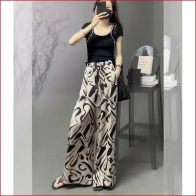 Street Personality Print Wide Leg Women Pants Loose Casual Korean Vintage All-match Women’s Pants Drawstring Design Trousers New - black