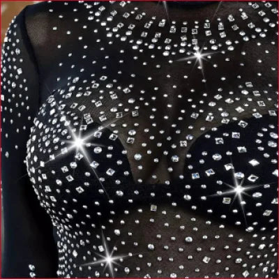 Studded Black Long Sleeves Bodysuit with Rhinestones for Leather Leggings Look