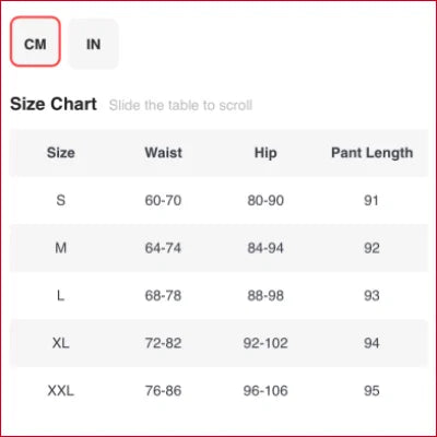 Size chart for Soft Velvet Winter Leggings with waist, hip, and pant length measurements