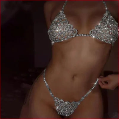 Glittering silver rhinestones thong bikini with intricate crystal embellishments