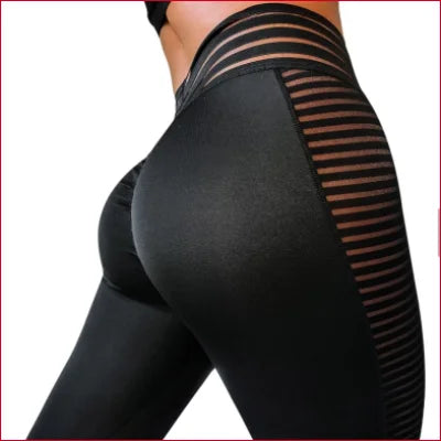 Black Thong Leggings with Sheer Striped Panels for Workout Fitness and Casual Wear