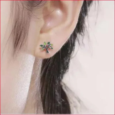 Tree of Life Zircon Stud Earrings in 925 Sterling Silver with Green Leaves and Brown Trunk