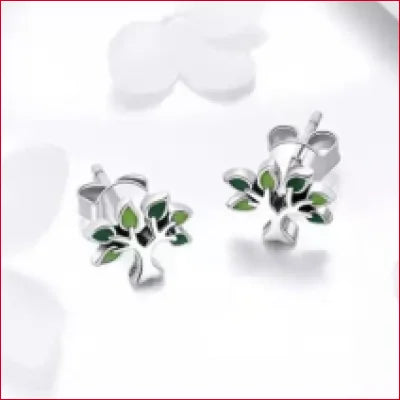 Sterling Silver Tree of Life Zircon Stud Earrings with Green Enamel Leaves