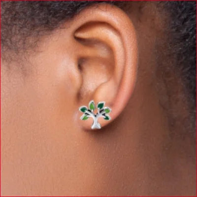 Tree of Life zircon stud earrings with green leaves and a sterling silver trunk