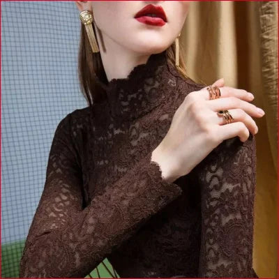 Brown Lace Victorian Turtleneck Long Sleeve Blouse for Women with See-Through Design