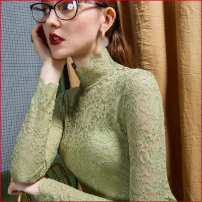 Elegant Light Green Lace Victorian Turtleneck Long Sleeve Blouse for Women