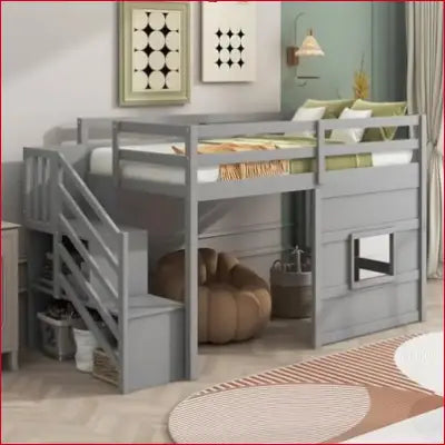 Gray Pine Wood Low Loft Bed with Stairs, Storage, and High Safety Guard Rails