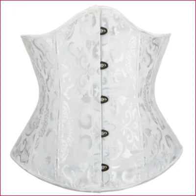 White brocade underbust corset with black buttons for an hourglass shape fit