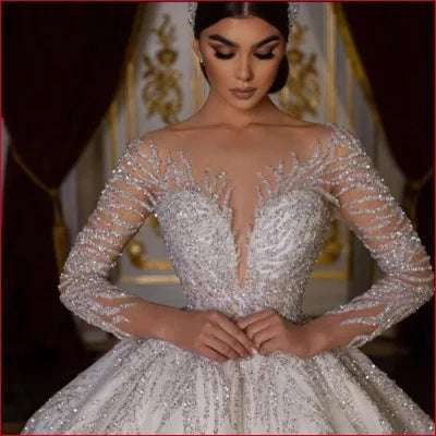 Ornate white V-Neck Backless Sexy Wedding Dress with sheer sleeves and intricate beading