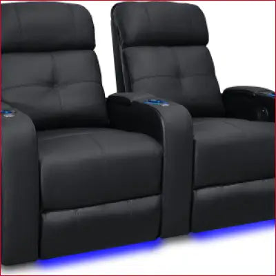 Two black leather recliners from Valencia Verona Home Theater Seating in premium Italian leather