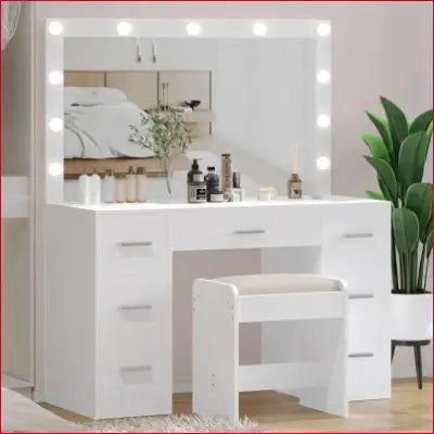 White makeup vanity table set with lighted mirror and adjustable brightness for bedrooms