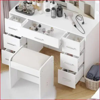 White vanity table set with adjustable lighting and stool makeup vanity for girls’ bedrooms