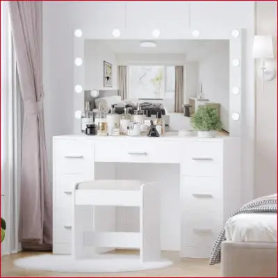 White vanity table set with lighted mirror and adjustable brightness for makeup application