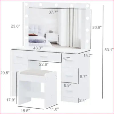 White stool makeup vanity table set with lighted mirror and adjustable brightness