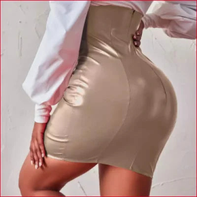 Vegan Faux Leather Under Bust Dress Skirt accentuating curvy hips in beige color