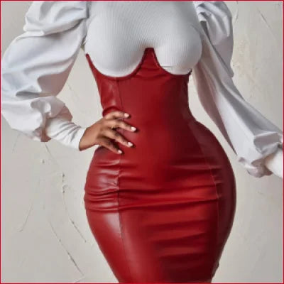 Red Vegan Faux Leather Under Bust Dress Skirt with White Top and Billowing Sleeves