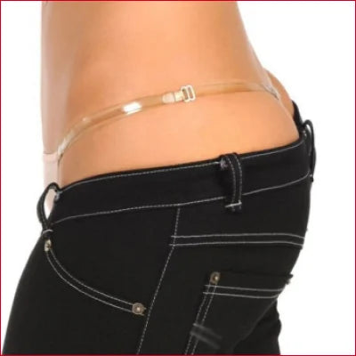 Thin gold chain accentuates Low Waist Low Rise Women’s Leggings Jeans above black jeans