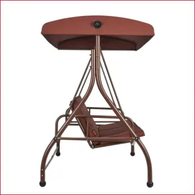 Brown metal patio swing chair with adjustable canopy for outdoor relaxation