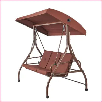 Brown metal patio swing chair with adjustable canopy and removable cushion for outdoor comfort