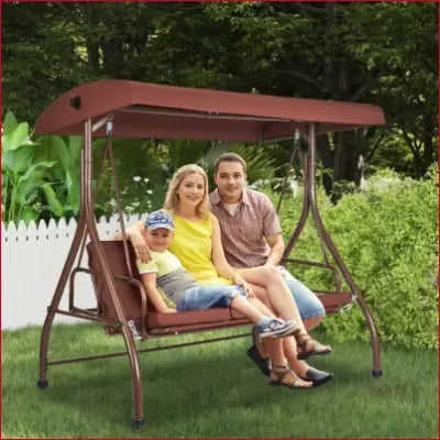 Brown Metal Patio Swing Chair with Adjustable Canopy for Outdoor Relaxation and Comfort