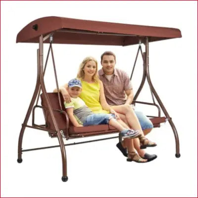 Brown metal patio swing chair with adjustable canopy and thick cushions for outdoor relaxation