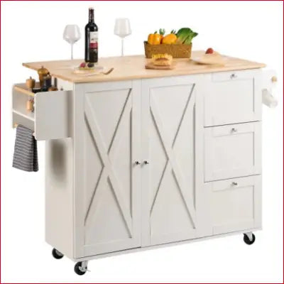 White VEVOR Kitchen Island Cart with Solid Wood Top and storage features on wheels