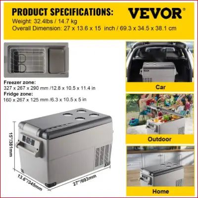 VEVOR Portable Refrigerator showcasing dimensions and usage for camping and travel