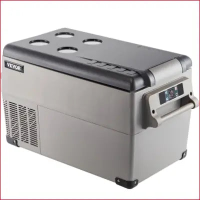 Portable gray VEVOR Portable Refrigerator with cup holders for camping and travel use