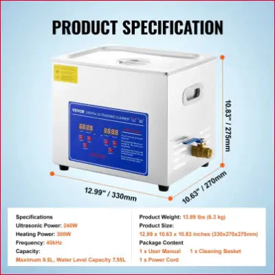 Digital Ultrasonic Cleaner 10L VEVOR Professional Ultrasonic with timer and heater specifications