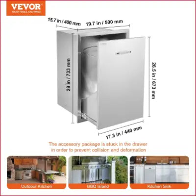 Stainless steel VEVOR Pull Out Trash Drawer for outdoor kitchen with dimensions displayed