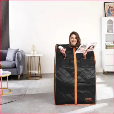 Portable VEVOR Sauna Blanket with orange trim, 1050W sauna tent for home detoxification