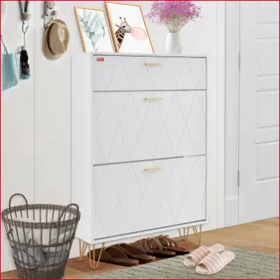 White VEVOR Shoe Cabinet with diamond pattern and 3 flip drawers for stylish shoe storage