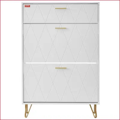 White VEVOR Shoe Cabinet with gold accents and 3 flip drawers for stylish shoe storage