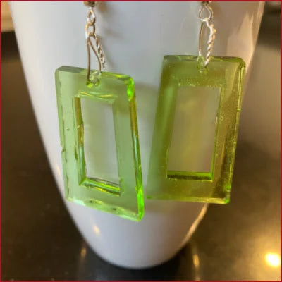 Translucent green rectangular earrings with chains in retro vintage style resin design