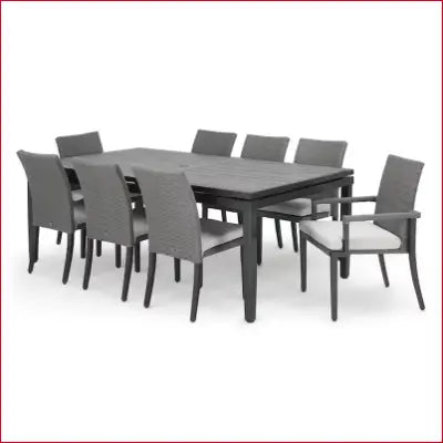 Vistano 9-Piece Weathered Gray Wicker Patio Dining Set with gray cushions and chairs