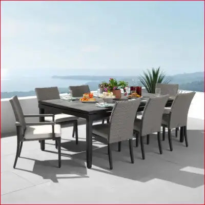 Vistano 9-Piece Weathered Gray Wicker Patio Dining Set with Gray Cushions and Chairs