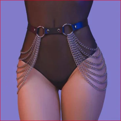 Decorative black faux leather chain belt accessory for goth-style swimsuit