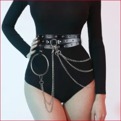 Studded black leather waist harness with chains and a metal ring for edgy style