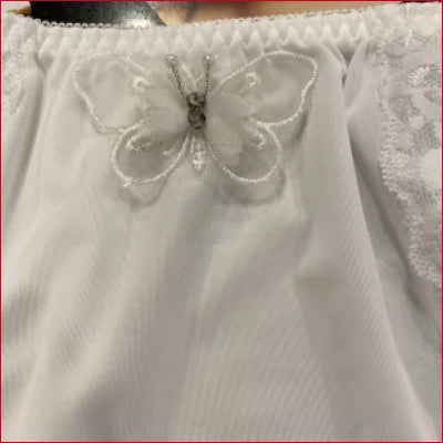 Delicate butterfly decoration on bridal white lace panties on white fabric background