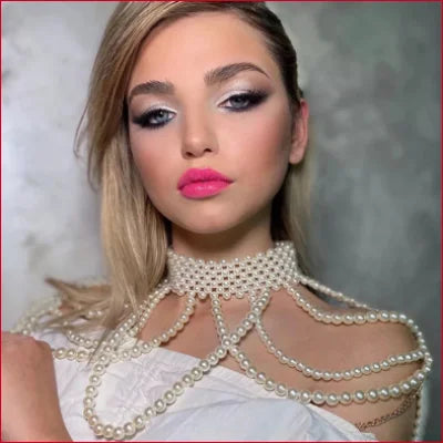 Woman showcasing exquisite Wedding Choker Bridal Shoulder Necklace with pearl details