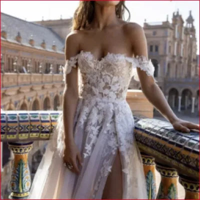 Ornate Boho A Line Bridal Gown with Off Shoulder, High Slit, and Crotch Zipper