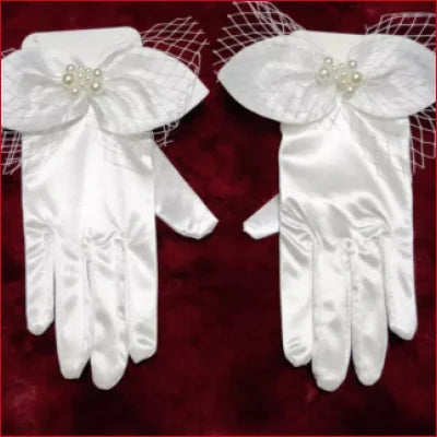 Bridal hand gloves featuring floral decorations and netting for elegant weddings