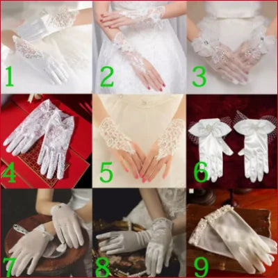 Collage of nine styles of elegant bridal hand gloves for weddings and special occasions