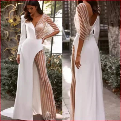 Elegant bridal pantsuit with train, high slit, sheer sleeves, and free shipping available