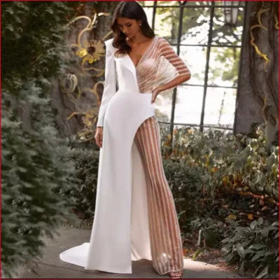 Elegant wedding gown featuring a sheer striped bodice and backless design, bridal pantsuit with free shipping