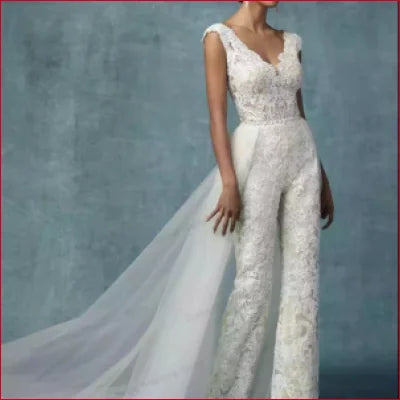 Elegant Lace V Neck Wedding Jumpsuit with Train featuring a stylish crotch zipper design